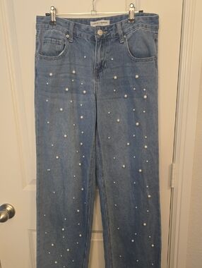 Ashley Mason Blue Straight-Leg Jeans with Pearl Embellishment
